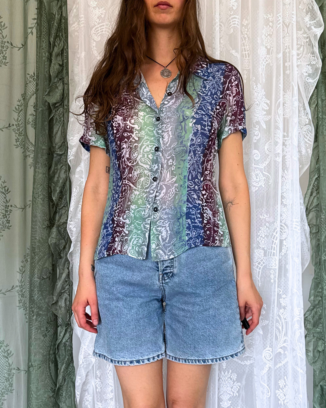 Vintage Kurzarmbluse crazy Pattern Bluse Boho 90s Festival Sommer Teos Vintage Online shop