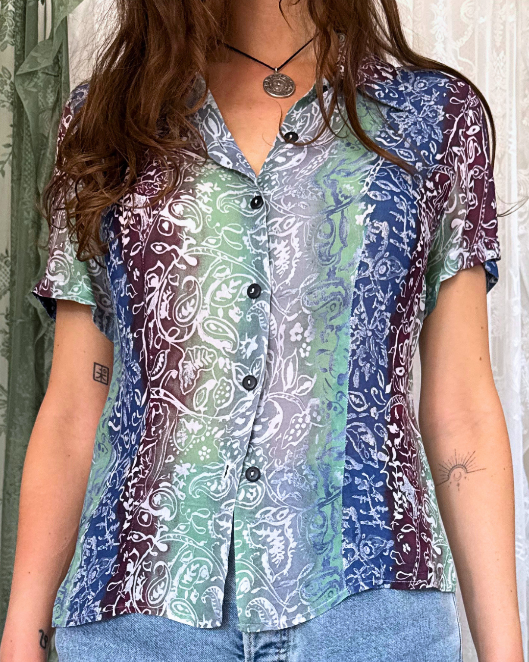 Vintage Kurzarmbluse crazy Pattern Bluse Boho 90s Festival Sommer Teos Vintage Online shop