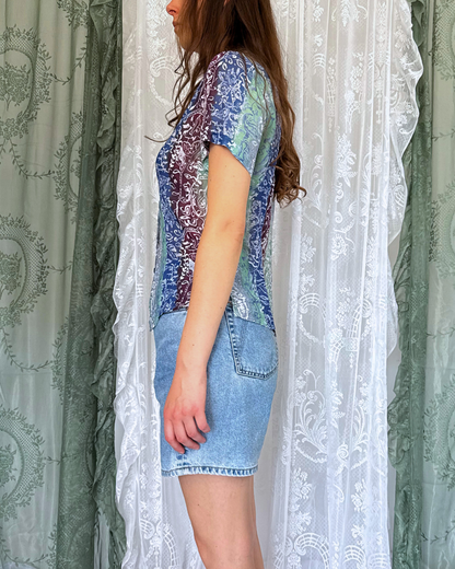 Vintage Kurzarmbluse crazy Pattern Bluse Boho 90s Festival Sommer Teos Vintage Online shop
