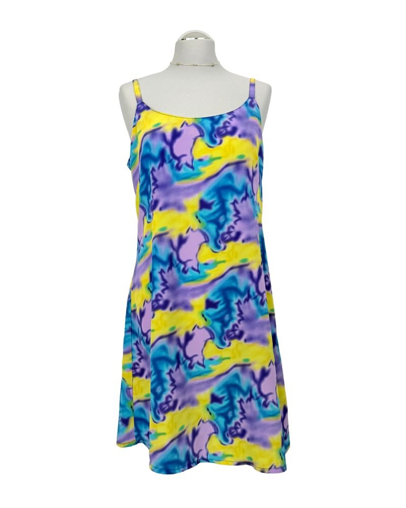 Slip Dress Trägerkleid Seide blau lila gelb batik Teos Vintage Onlineshop