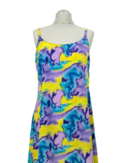 Slip Dress Trägerkleid Seide blau lila gelb batik Teos Vintage Onlineshop