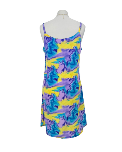 Slip Dress Trägerkleid Seide blau lila gelb batik Teos Vintage Onlineshop